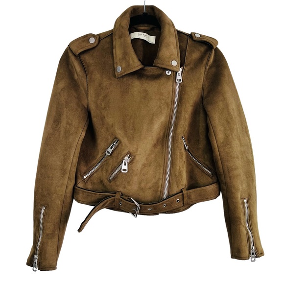 Zara Cropped Suede Effect Moto Biker Zip up Jacket Women brown in colour - Picture 4 of 16